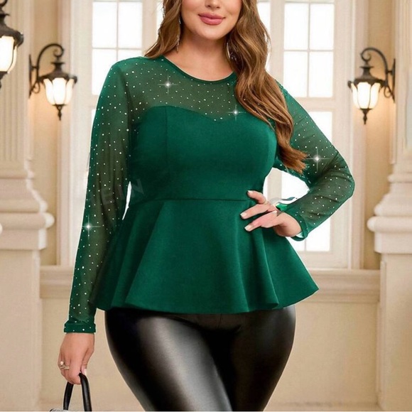 Plus Size Sheer Mesh Long Sleeve Holiday Party Top Peplum Blouse Shirt Green - Picture 3 of 3